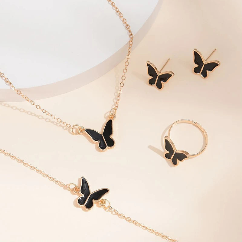 5PCS Butterfly Jewellery Set for Women – Necklace, Earrings, Ring & Bracelet | Bridal Wedding Party Gift | Gold & Silver Plated Fashion Jewellery