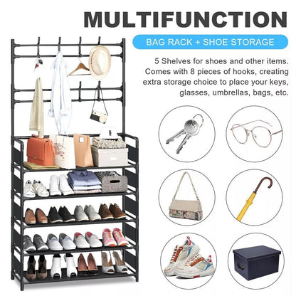 New Coat And Hat Stand 8 Hooks Metal Shoe Rack 5 Tiers Shelf Hanger Black UK