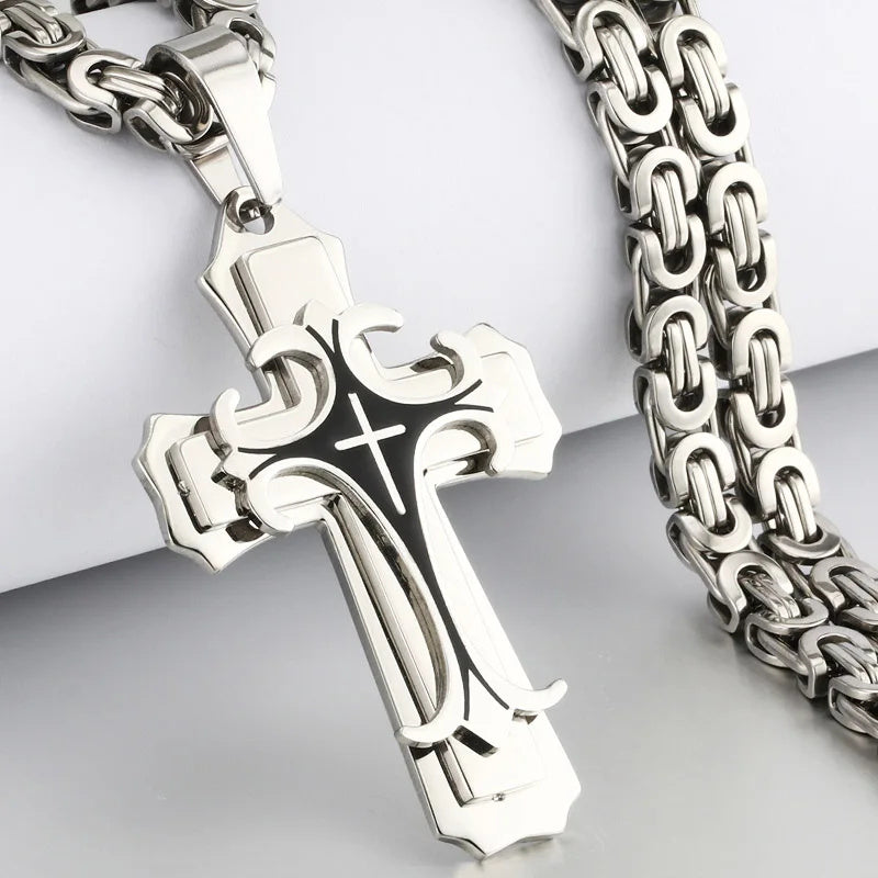 Men’s Titanium Steel Cross Necklace – Christian Trinity Latin Pendant with Emperor Chain | Gold & Silver Stainless Steel Jewellery UK
