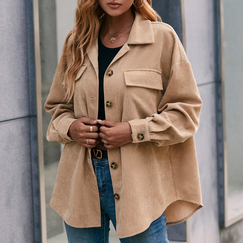 Basic Jacket Women’s Light Khaki Corduroy Lapel Cardigan – Office & Casual Long Sleeve Coat