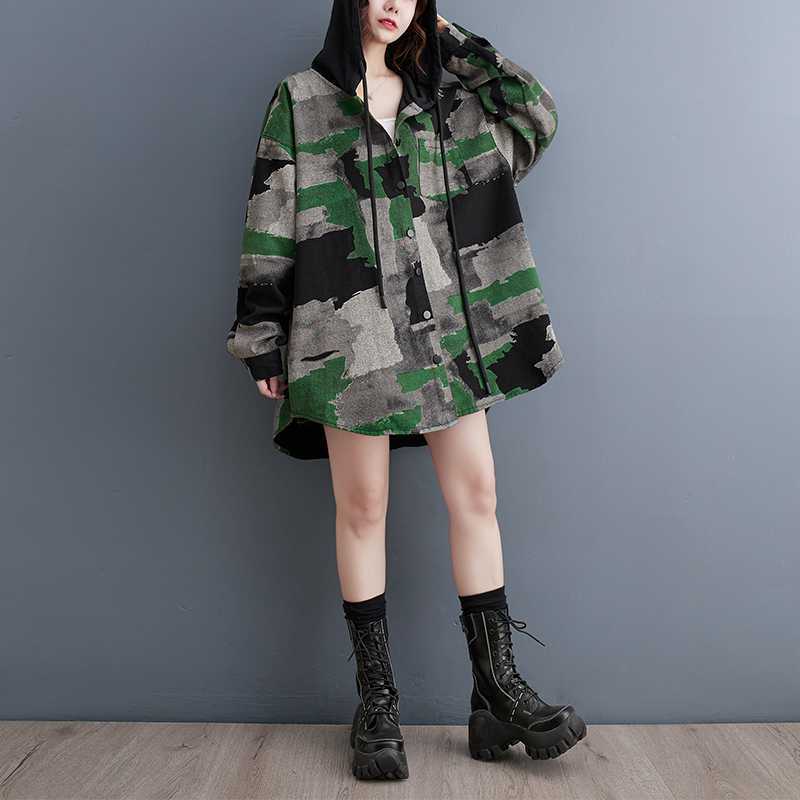 Woman Trench Camouflage Denim Jacket – Retro Loose Fit Office & Casual Coat