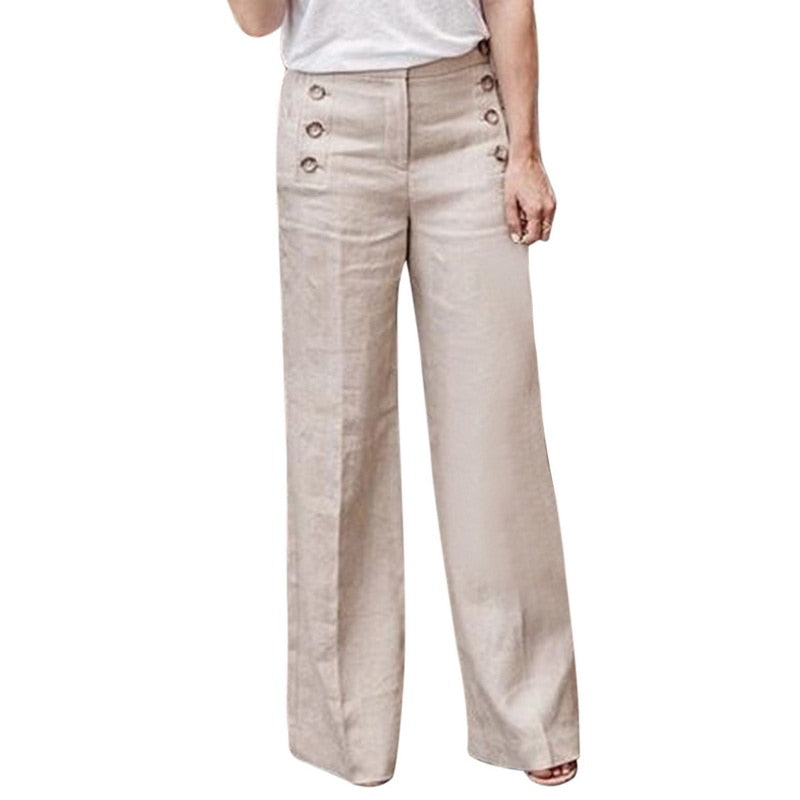 Women’s High Waist Button Wide Leg Cotton Trousers