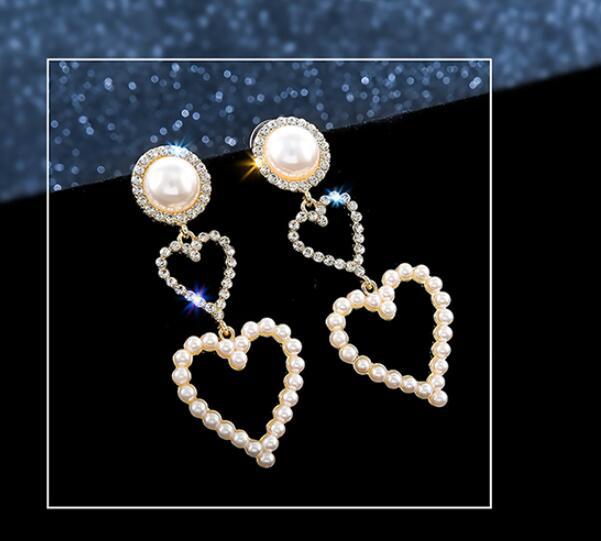 Gold Pearl Rhinestone Drop Earrings – Elegant Long Dangle Fashion Earrings for Women