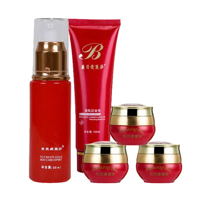 Set of red and gold skincare products with a prominent 'B' logo on a white background