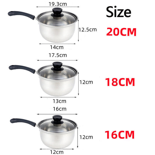 Set Of 3 Induction Non Stick Stainless Steel Cookware Kitchen Glass Lids Pot Pan