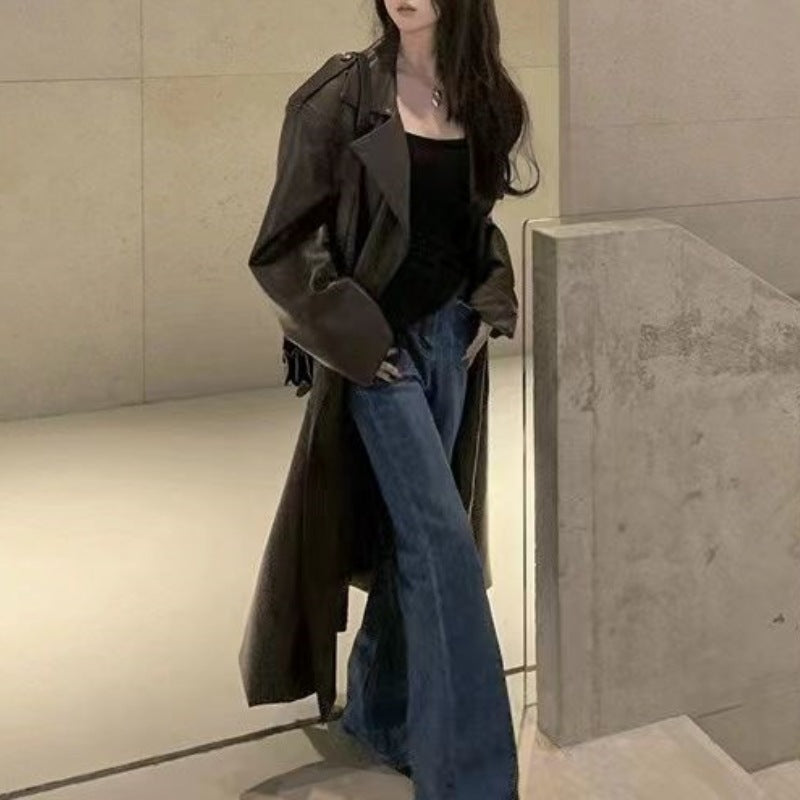 Women Trench Korean Style Mid-Length Leather Windbreaker Coat – Quilted Casual Jacket