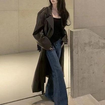 Women Trench Korean Style Mid-Length Leather Windbreaker Coat – Quilted Casual Jacket