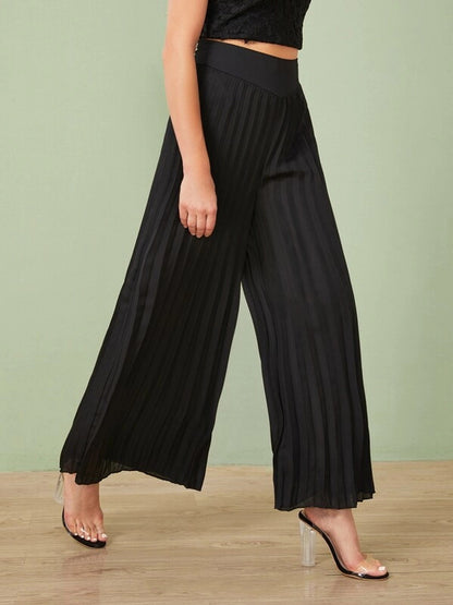 Women’s Pleated Wide Leg Trousers – Korean Style Cotton Pants (Black)