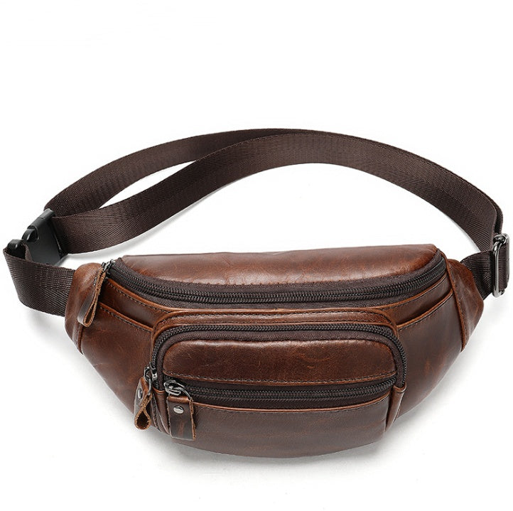Brown leather waist bag with a strap on a white background