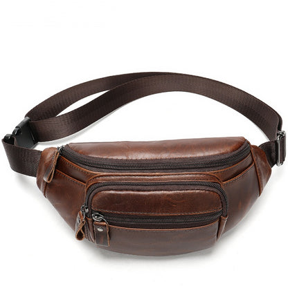Brown leather waist bag with a strap on a white background