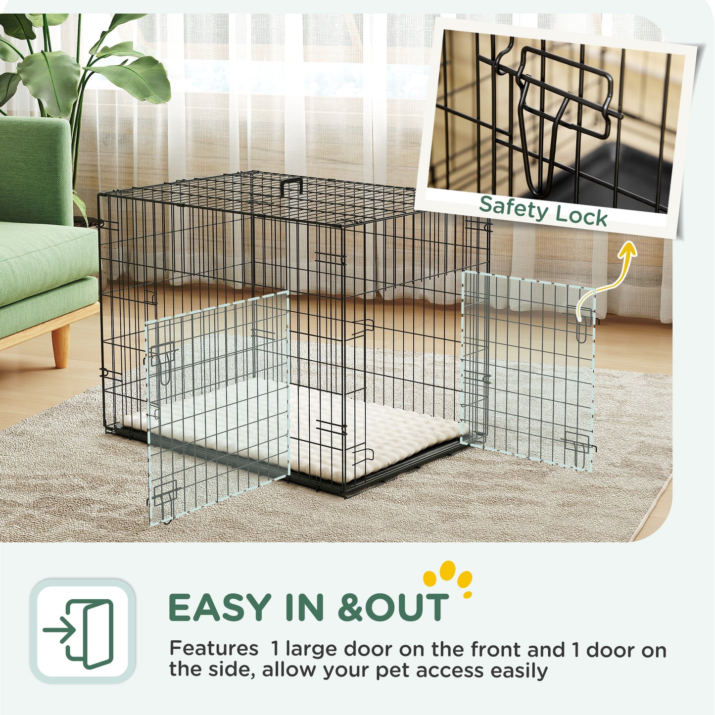 PawHut Foldable Dog Crate With 2 Doors With Tray, Soft Cushion, For Small Dogs, 76 X 53 X 60, Black