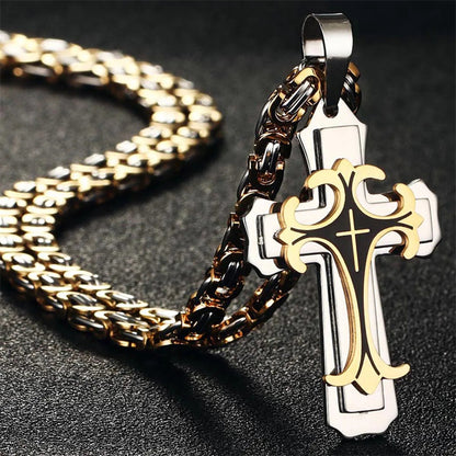 Men’s Titanium Steel Cross Necklace – Christian Trinity Latin Pendant with Emperor Chain | Gold & Silver Stainless Steel Jewellery UK