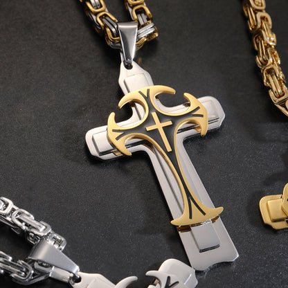 Men’s Titanium Steel Cross Necklace – Christian Trinity Latin Pendant with Emperor Chain | Gold & Silver Stainless Steel Jewellery UK