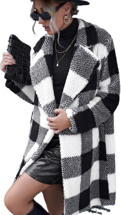 Women’s Plaid Lapel Long Coat – Loose Non-Buckle Trench Overcoat