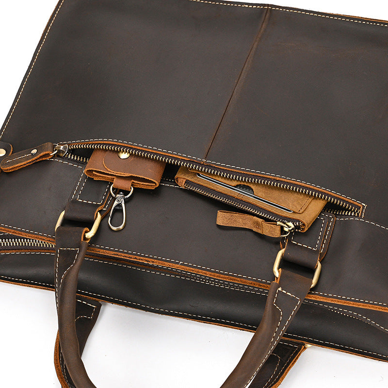 Men’s Crazy Horse Leather Briefcase – 14-Inch Genuine Leather Business Bag