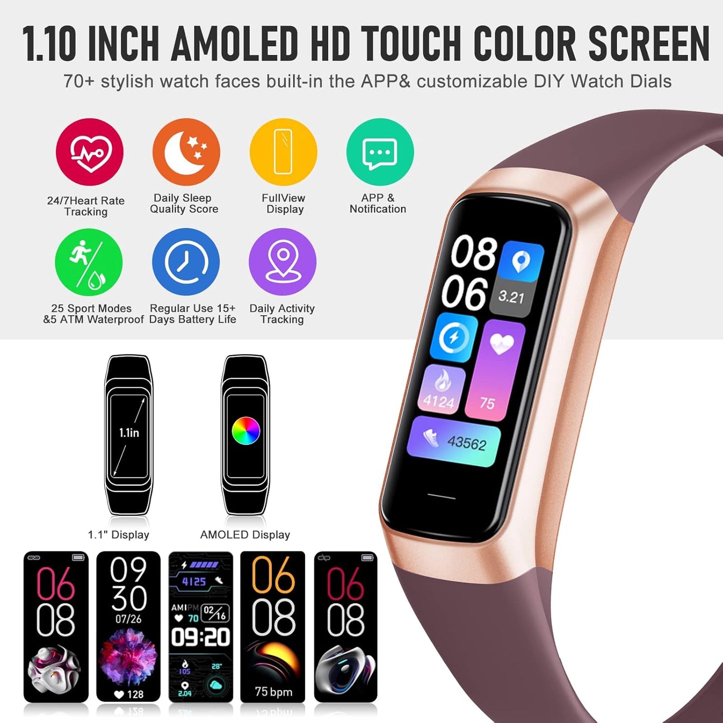 Fitness Tracker With 24 7 Heart Rate Blood Oxygen Sleep Monitor IP68 Waterproof For Women Men