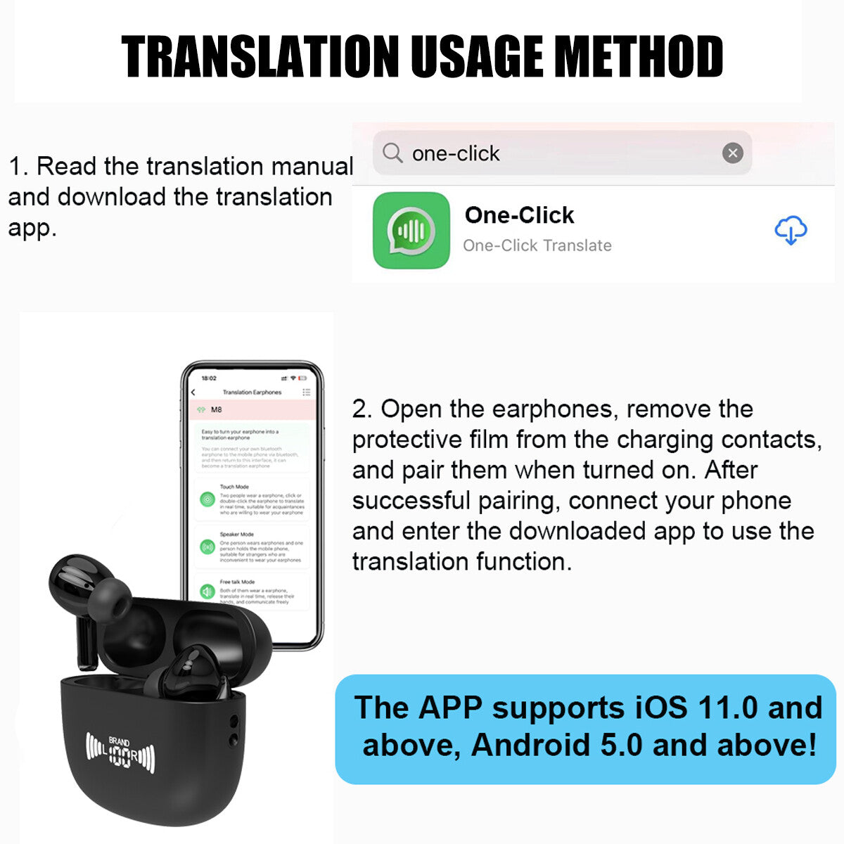 Translator Earbuds Online Two-Way Translation Earbuds BT 5.3 Headphones