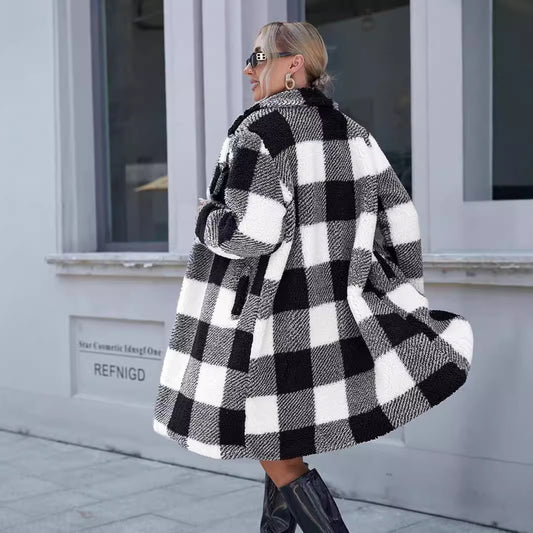 Women’s Plaid Lapel Long Coat – Loose Non-Buckle Trench Overcoat