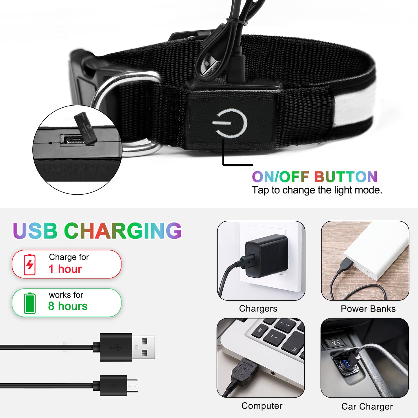 Light Up Dog Collar - Dog Collar Lights For The Dark Night, Adjustable Flashing Dog Collar Rechargeable, LED Dog Collar With 3 Flash Modes For Large, Medium And Small Dogs--Size M