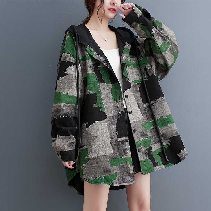 Woman Trench Camouflage Denim Jacket – Retro Loose Fit Office & Casual Coat