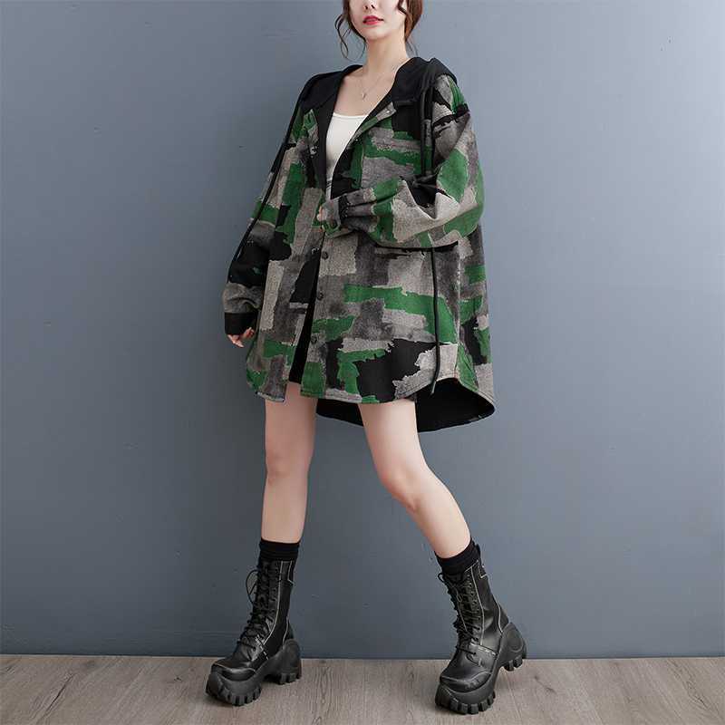 Woman Trench Camouflage Denim Jacket – Retro Loose Fit Office & Casual Coat