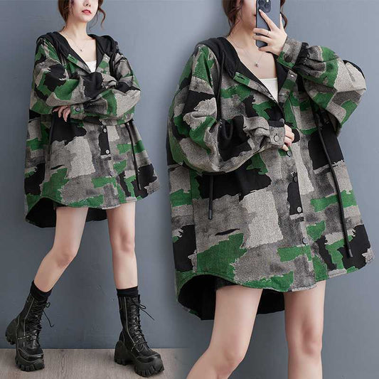Woman Trench Camouflage Denim Jacket – Retro Loose Fit Office & Casual Coat