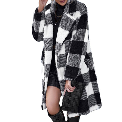 Women’s Plaid Lapel Long Coat – Loose Non-Buckle Trench Overcoat
