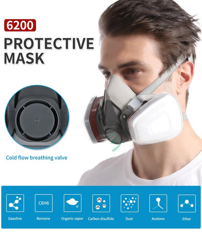Fire Protection 6200 Reusable Half Face Respirator Gas Mask with Anti-Fog Goggles – 8 in 1 Safety Set
